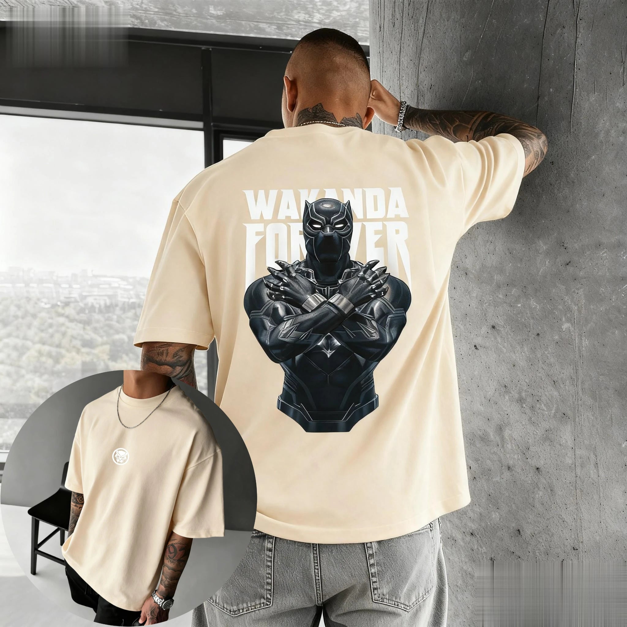 The Man's Multi-color T-shirt with Black Panther Pattern and Striped Background Design Is A Surprising Casual Streetwear