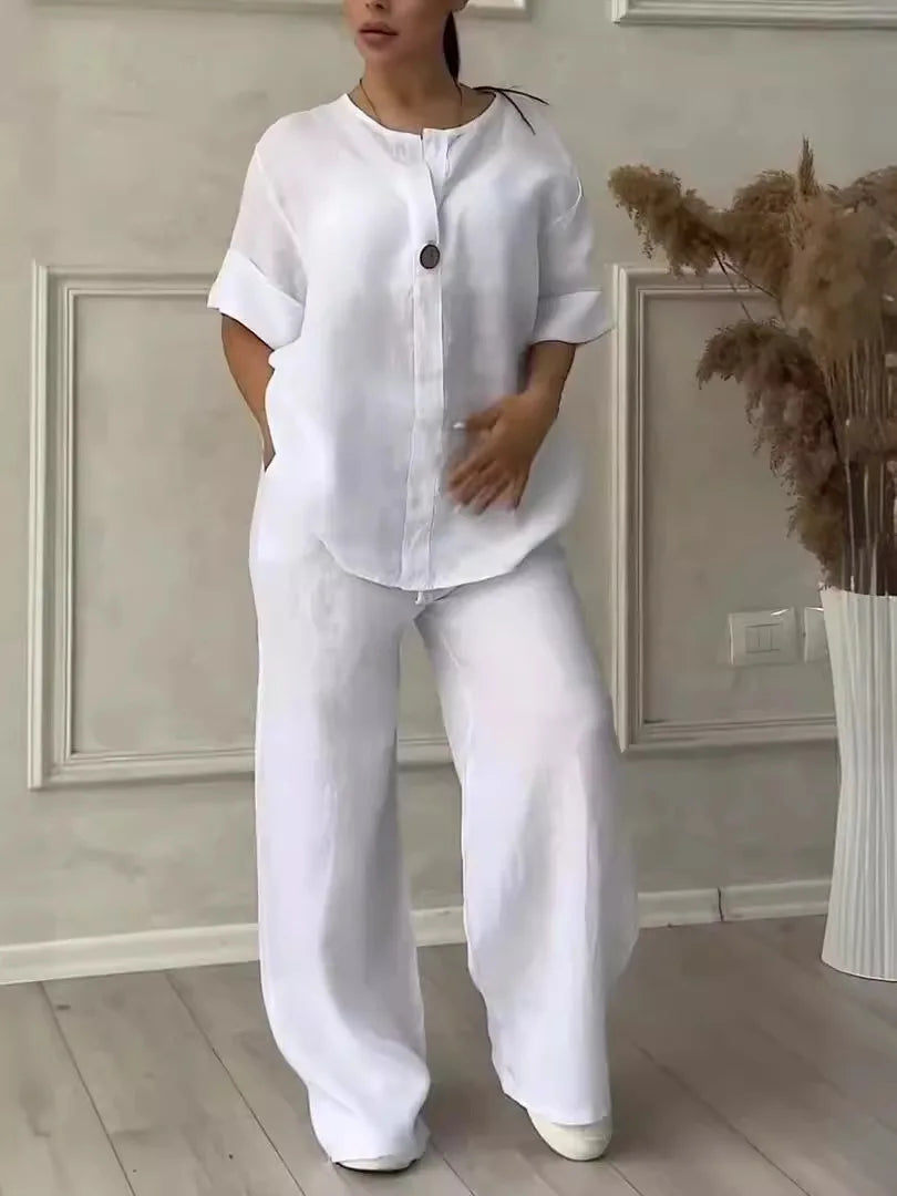 Cotton Linen Sets Two 2 Pieces Sale Casual Long Sleeve Button Loose Blouse Shirt&High Elastic Wide Leg Loose Pant Suits
