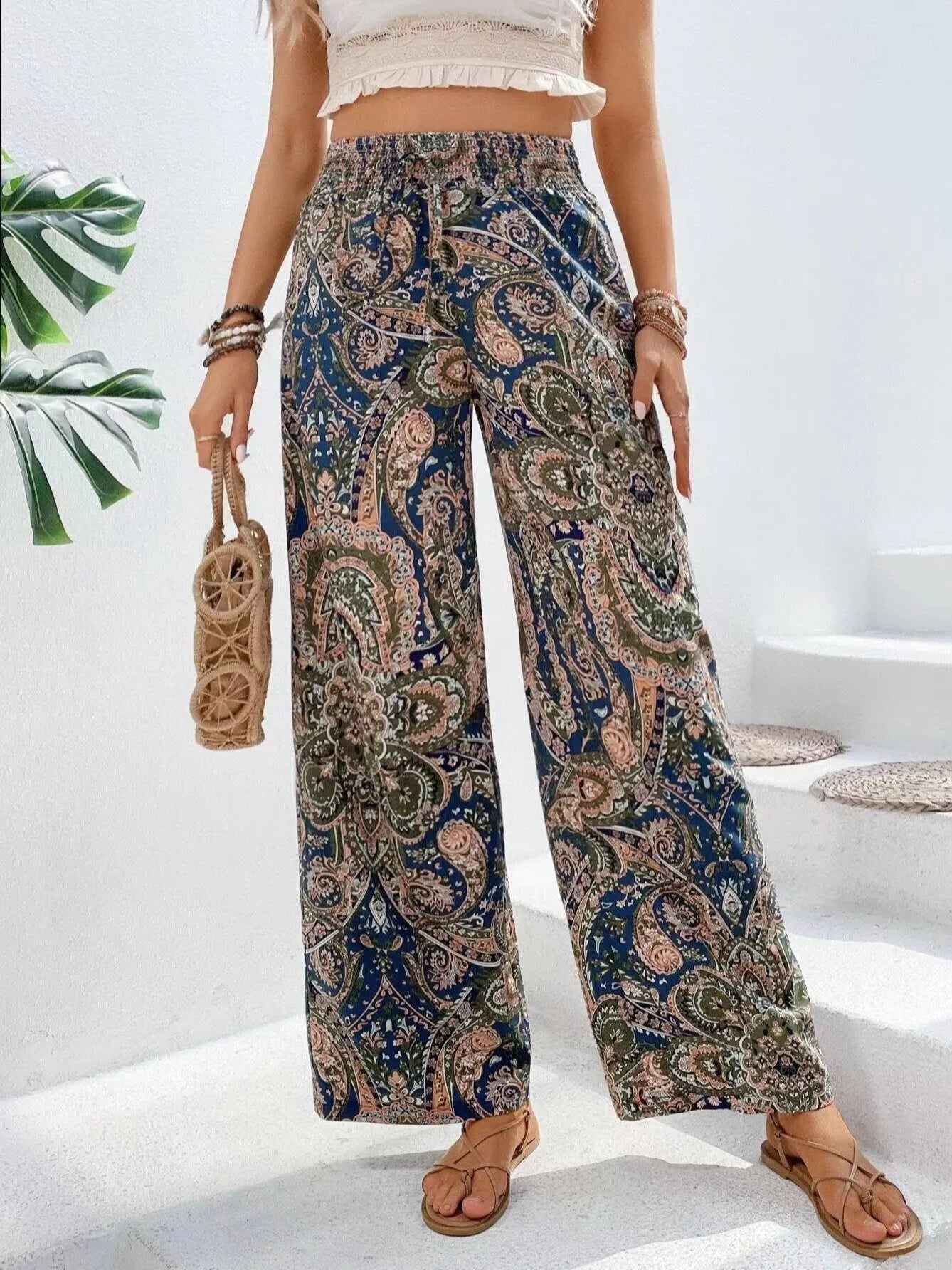 Fashion Vintage Print Wide-leg Pants Women Casual High-waisted Trouser 2026 Spring Summer Office Lady Clothes Streetwear