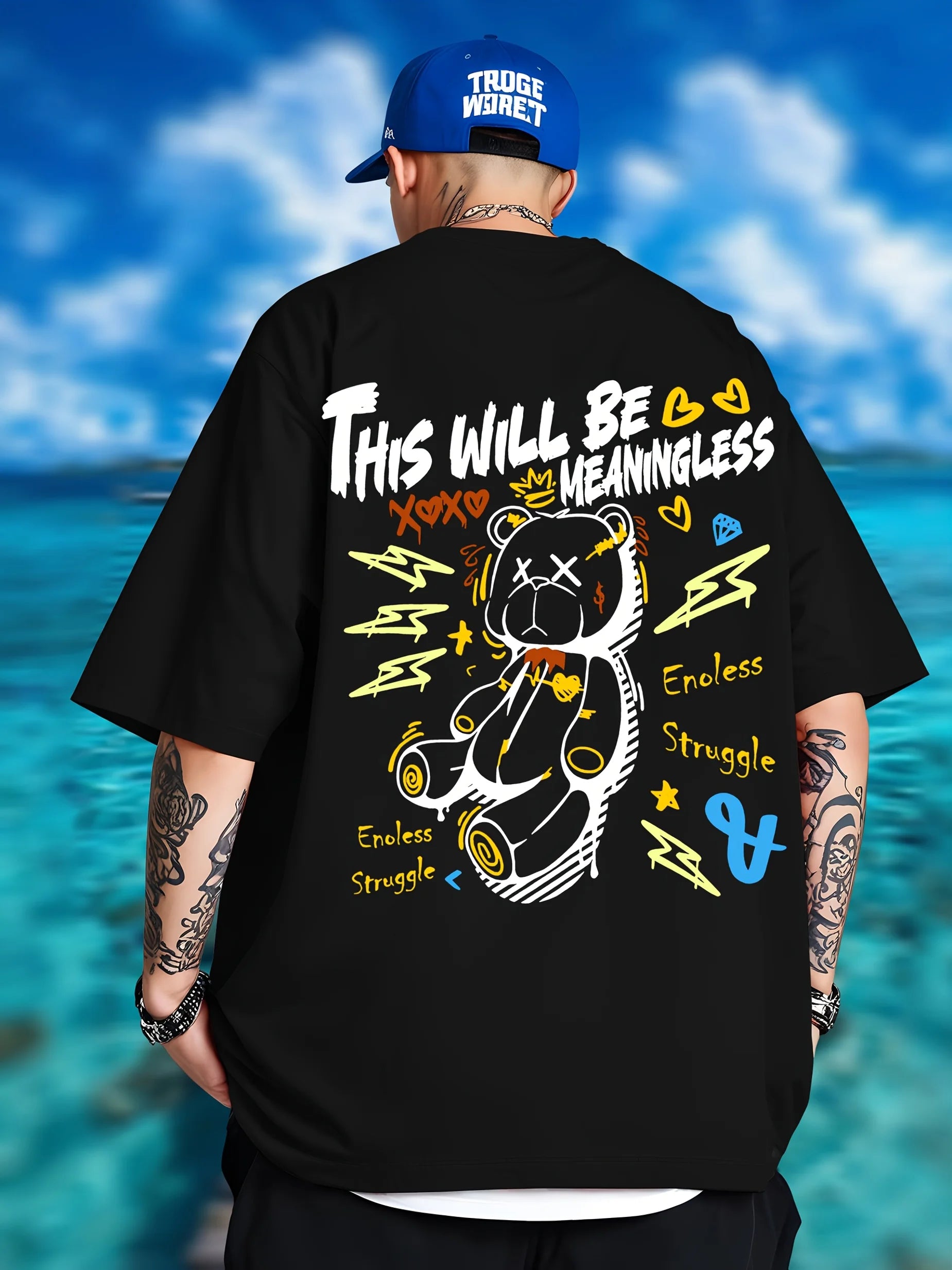 Summer men's fashionable teddy bear print breathable and comfortable round neck T-shirt outdoor street style top