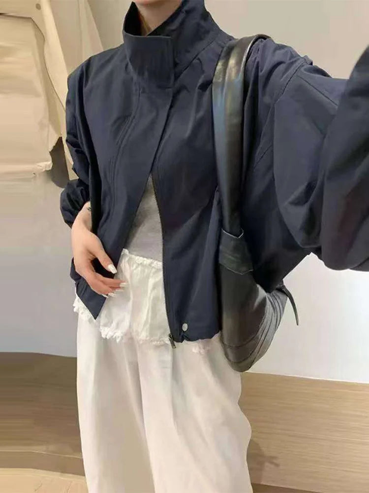 Women's Short Trench Coats Fashion Simple Design Solid Stand Long Sleeve Zipper Windbreaker 2025 Autumn New Casual Lady Jacket
