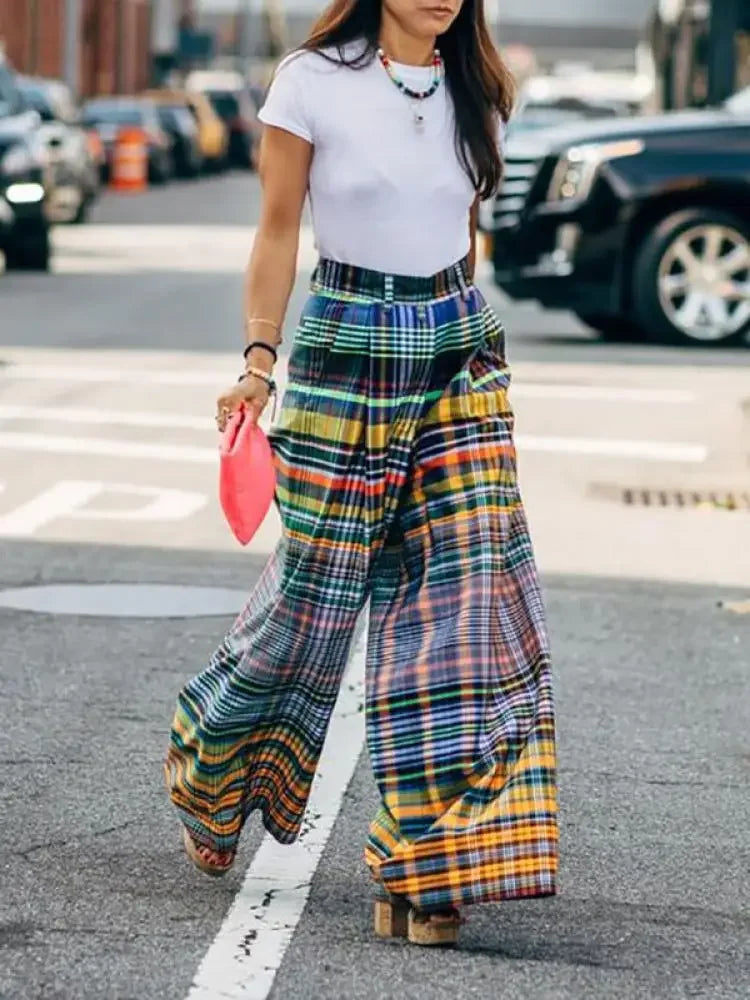 Women's Vintage Wide Leg Trousers – High Waist Checkered