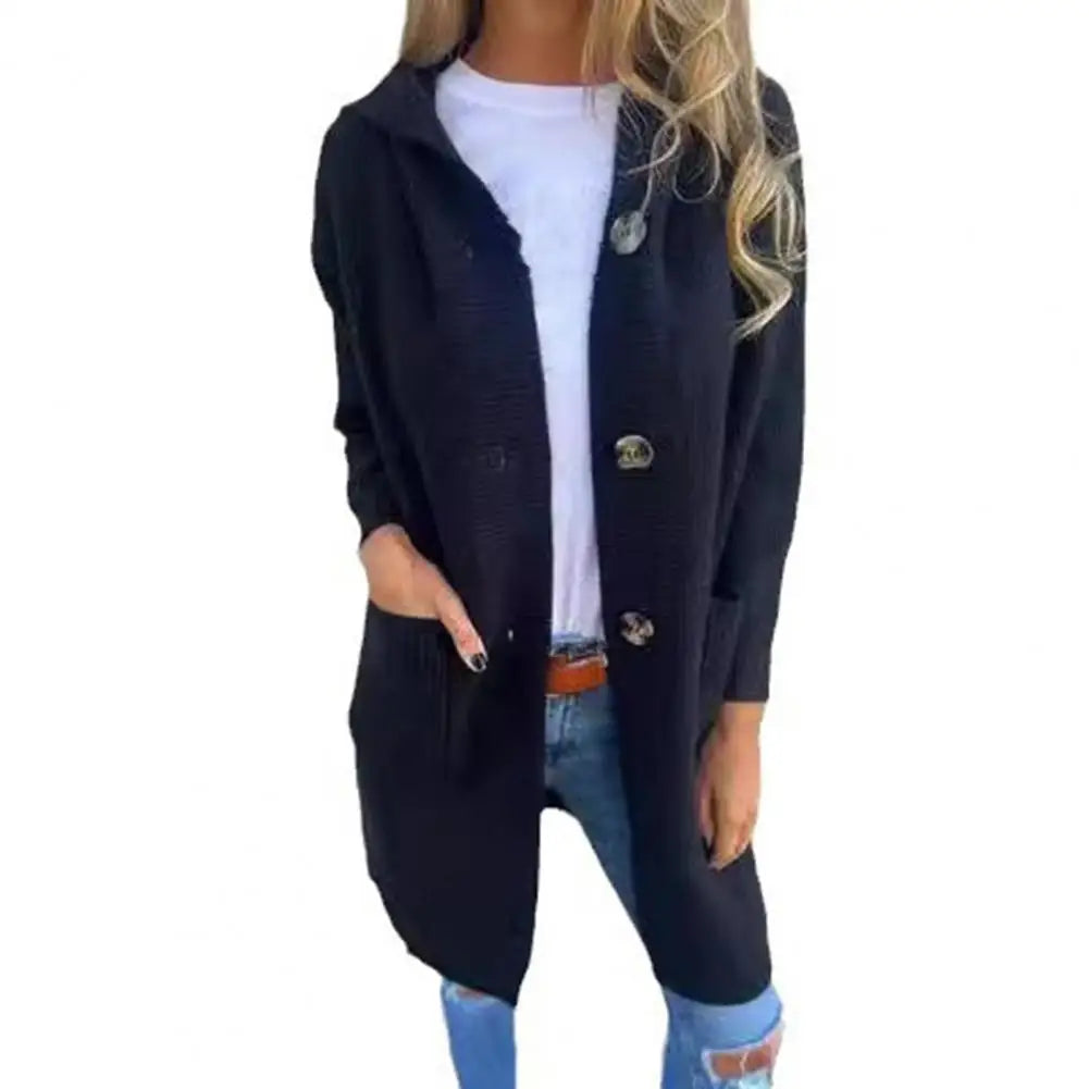 Cardigan Tricoté à Capuche Femme - Manteau Long avec Poches
