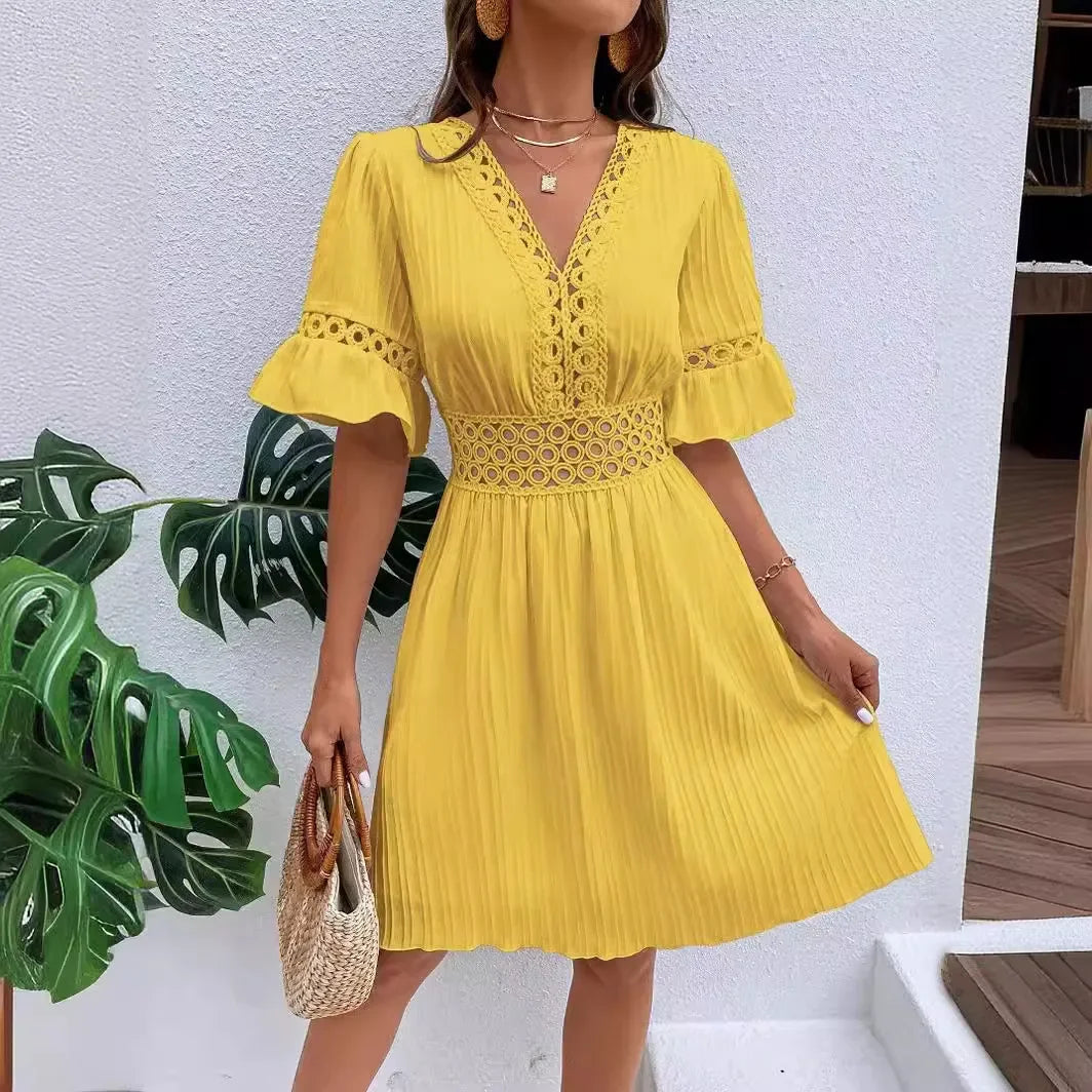 Women's Solid Dress 2026 New Summer Temperament Fashion Hollow Out V-neck Flared Sleeves Casual Women's Dress White Beach Dress