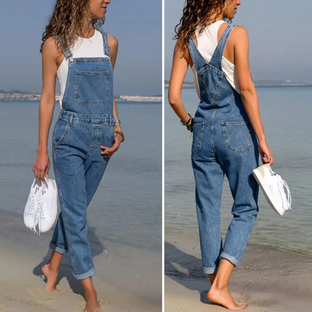 Salopette Denim Femme avec Poches - Combinaison Jean Déchirée Grande Taille