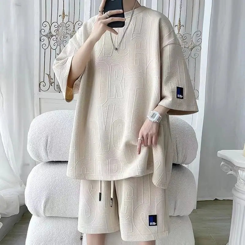 2026 3D Men's new Waffle  Summer Suit  Casual T-shirt + Shorts Suit Men's Tracksuit Solid color tracksuit loose suit