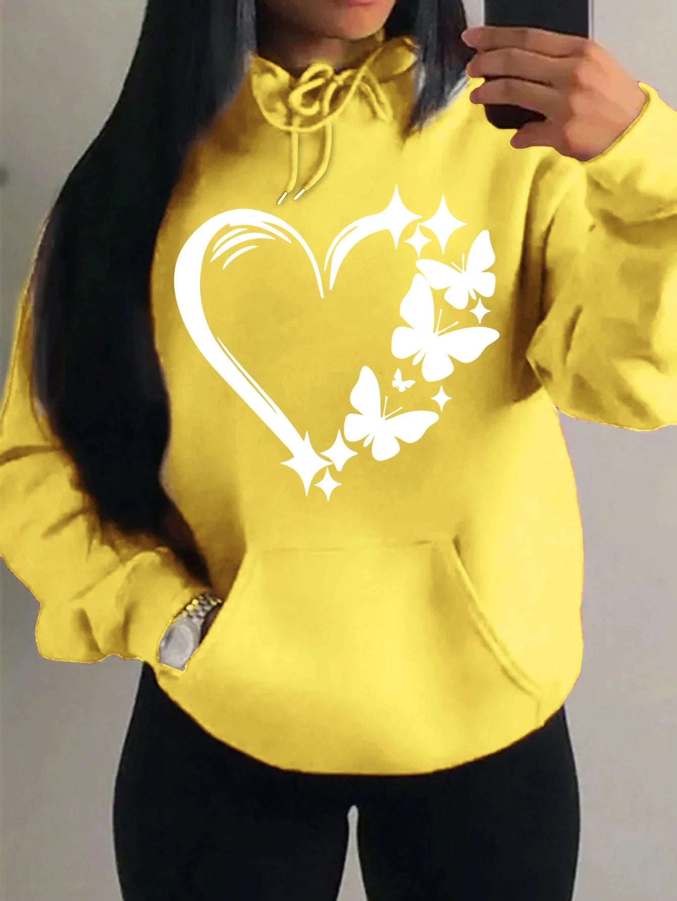 Sweat à capuche Femme Motif Amour et Papillon Hip Hop Streetwear Poches Vêtements Rétro Multicolore