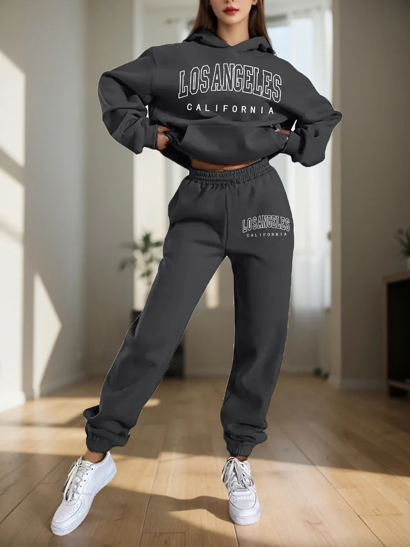 Ensemble deux pièces pour femmes, sweat à capuche et pantalon de survêtement, imprimé lettres, survêtement à capuche deux pièces pour femmes