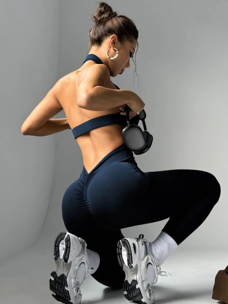 Sexy Halter Backless Sports Jumpsuits for Women Off Shoulder Sleeveless Fitness Gym Bodysuit Female Solid Tight Yoga Overalls