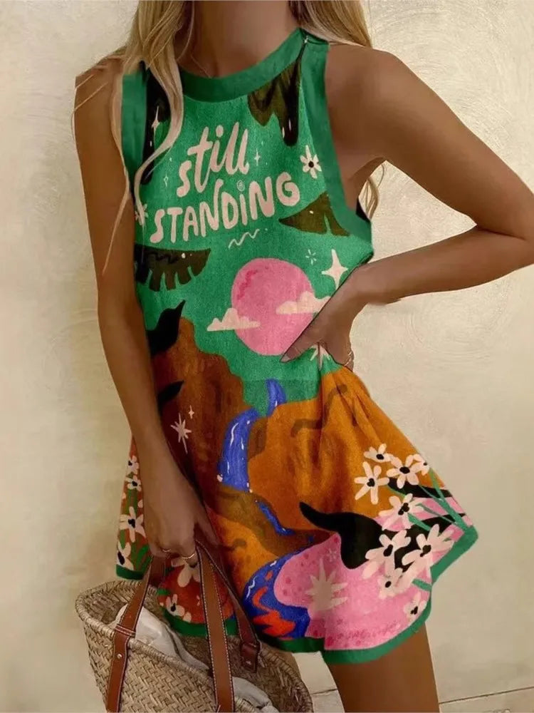 Women's Short Printed Dress – Round Neck, Sleeveless, Loose Casual Fit