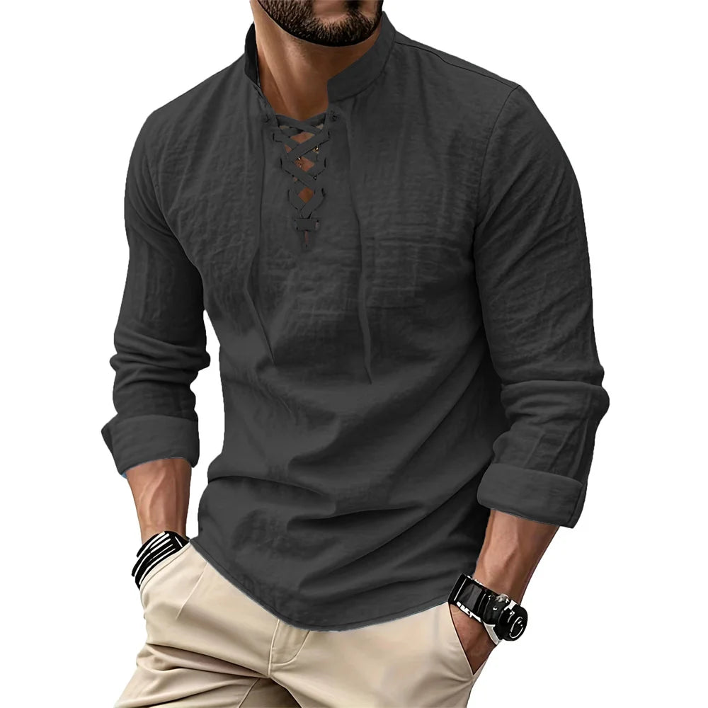 Men's Vintage V-neck T-shirt Cotton Linen Pirate Medieval Viking Gothic Tops Shirts Long Sleeved Cospaly Halloween Party Top