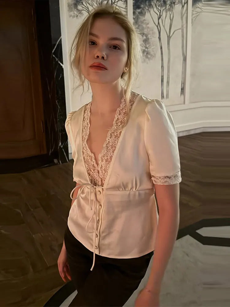 Women's V-Neck Lace Blouse – Button and Lace-Up Spring/Summer 2025