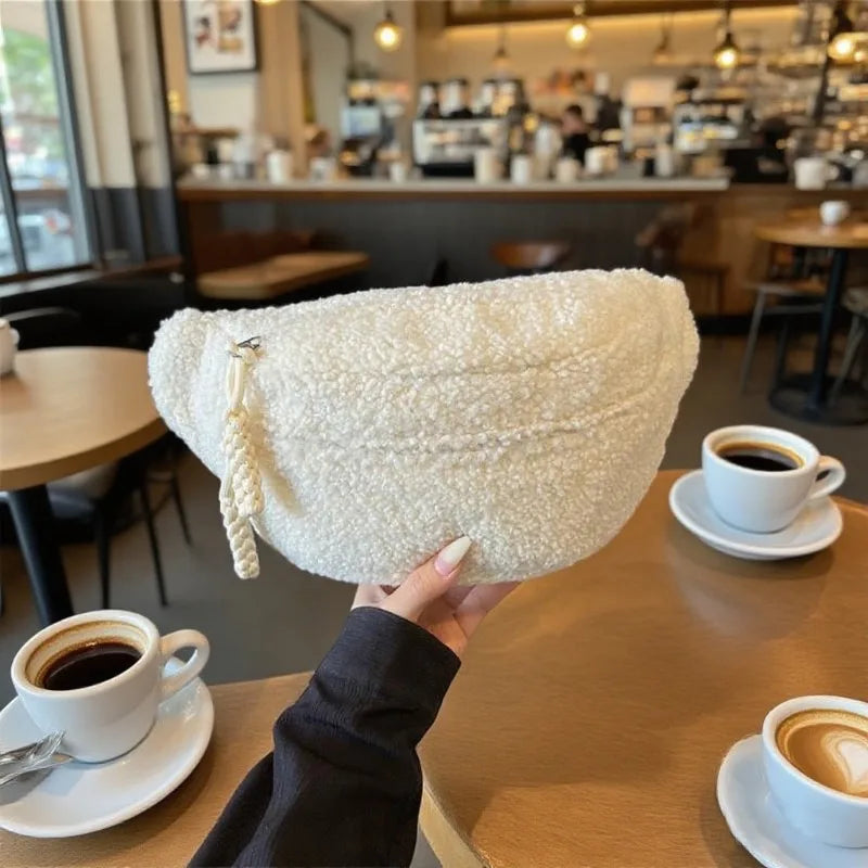 Women's Casual Solid Color Plush Material Chest Bag, Fashionable Daily Commuting Waist Bag, Plush Crossbody Shoulder Bag