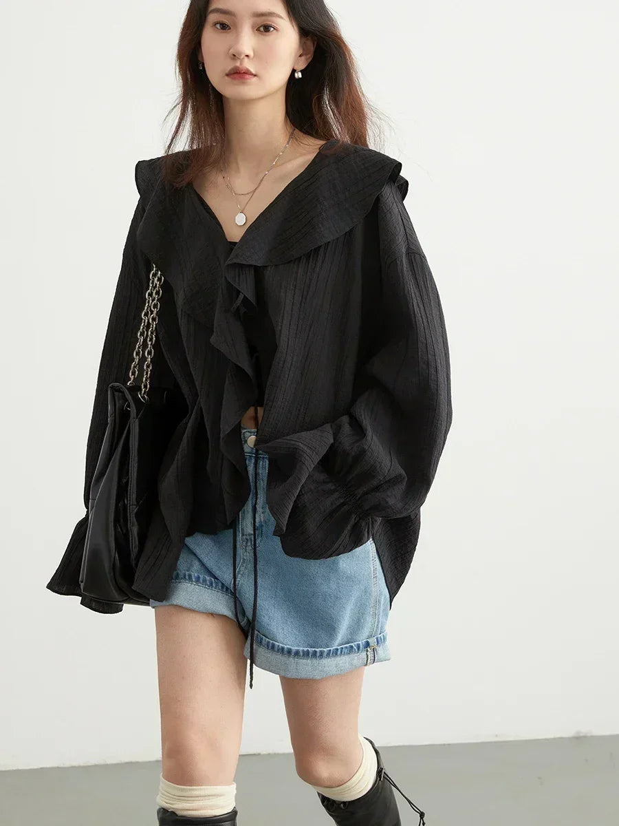 CHIC VEN Women Shirt Loose Casual Ruffled Edges Female Blouses Solid V Neck Lace Up Mid Length Ladies Shirts Spring Summer 2026