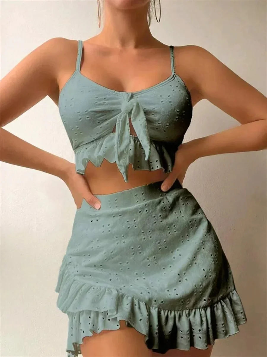 Sexy White 3 Piece Bikinis Set 2026 Women Halter Cut Out Tie Up Ruffles Push Up Skirt Swimsuit Bathing Suit High Waist Swimwear