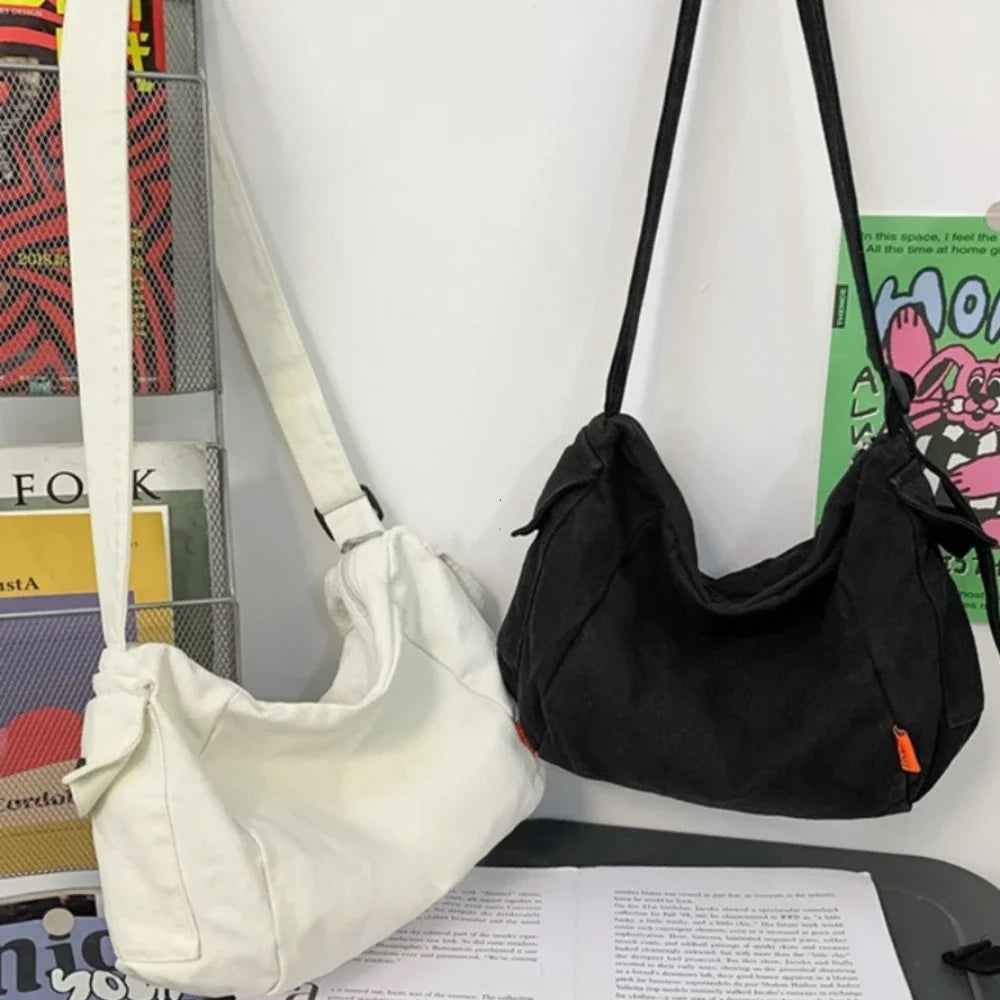 Female Canvas Fabric Hobo Soft Slouchy Shoulder Bag Y2K Student Leisure Medium Size School Book Laptop Pouch Messenger Side Bag