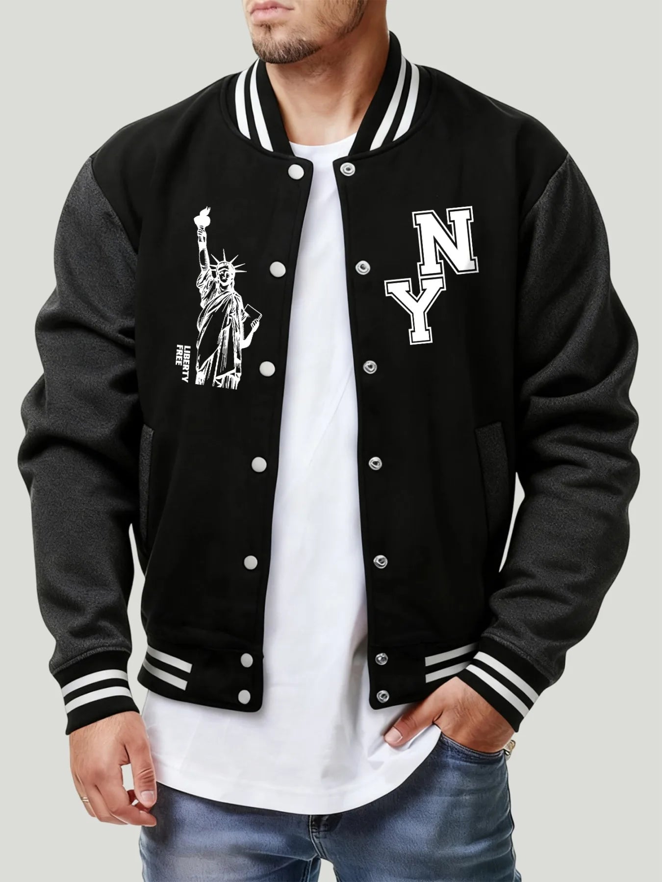 New York Statue Of Liberty Pattern Men Streetwear Hip Hop Button Jacket Casual Oversize Baseball Jersey Autumn Soft Top For Male