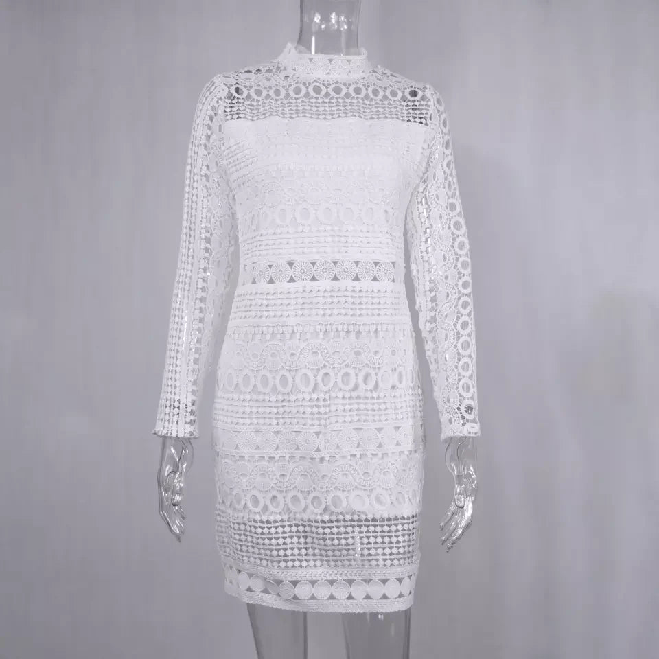 Robe Femme Sexy Dentelle Blanche Épissure Creuse Robes de Fête Élégantes Courtes Mini Été Printemps Manches Longues Vêtements Vestidos