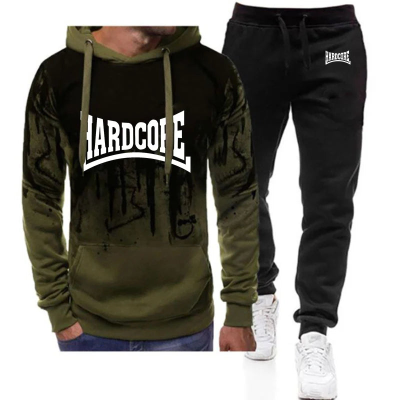 Hardcore Men's New Spring and Autumn Casual Printing Pullover Hoodie + Sweatpants Harajuku Gradient Color Two Piece Suit