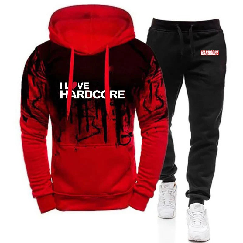 Hardcore Men's New Spring and Autumn Casual Printing Pullover Hoodie + Sweatpants Harajuku Gradient Color Two Piece Suit