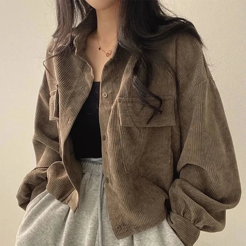 Women's Corduroy Jacket – Retro Loose Fit, Square Collar, Autumn-Winter