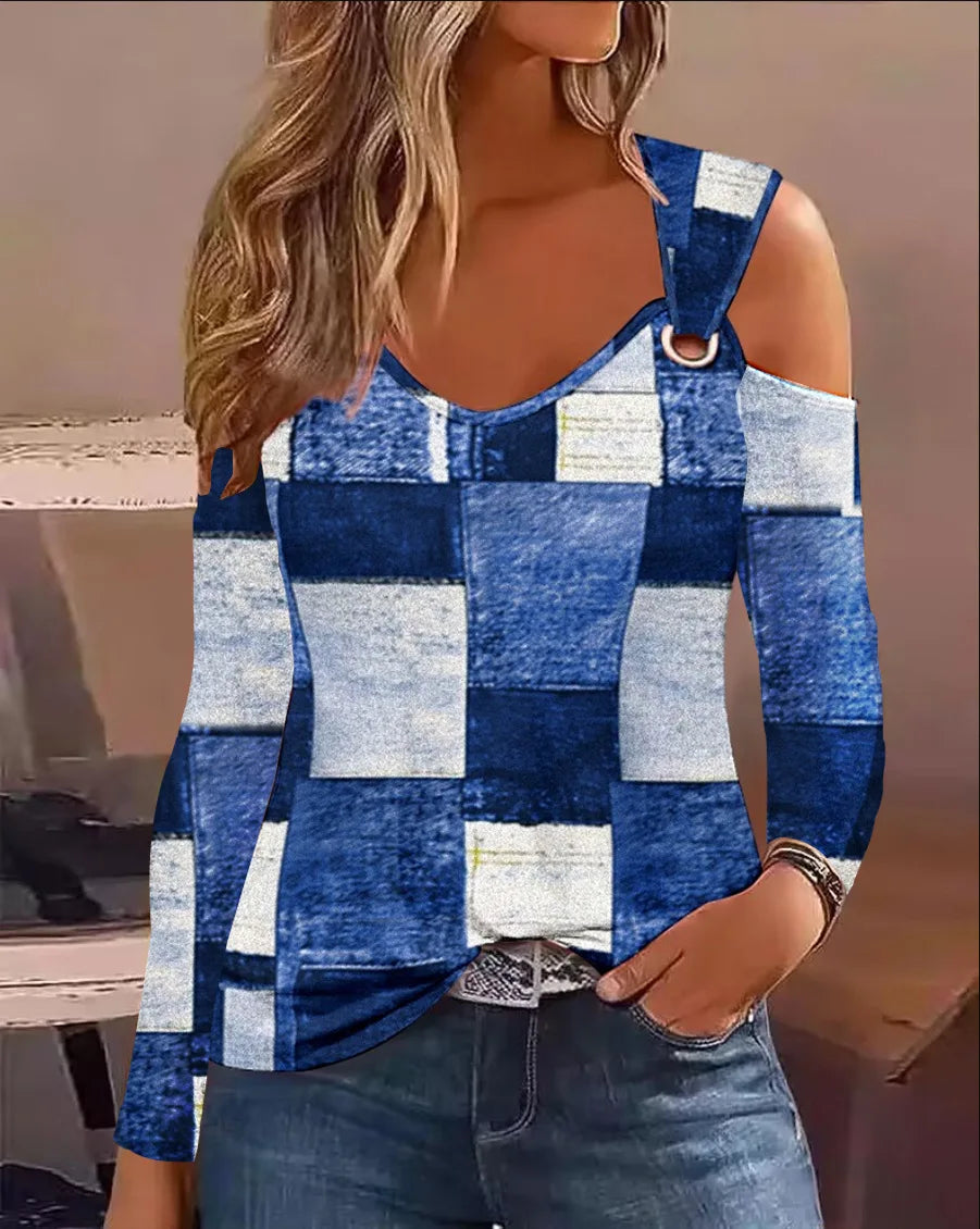 Fashion Woman Blouse 2026 Spring Denim Look Print Cold Shoulder Eyelet Casual Long Sleeve Daily T-Shirt Top Y2K Clothes