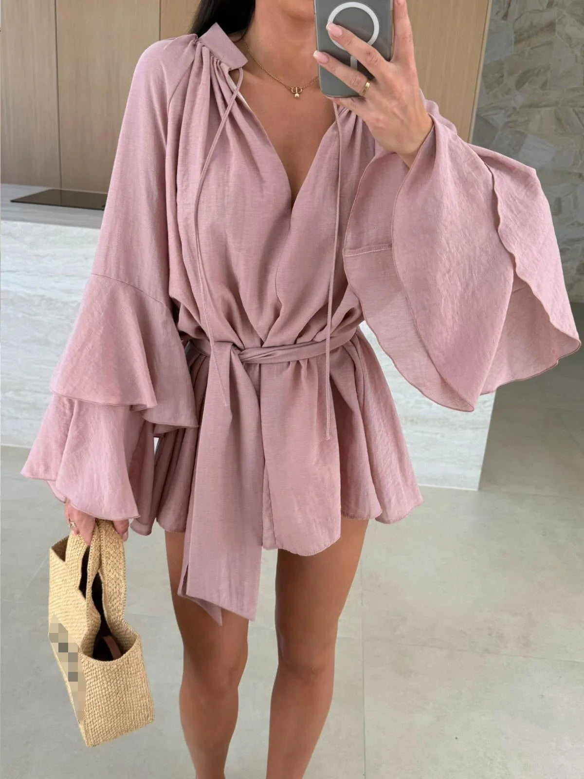 Fashionable Lotus Leaf Sleeve Irregular Short Dress Spring Summer New Women's Solid Color Sexy V-neck Long Sleeved Loose Dress