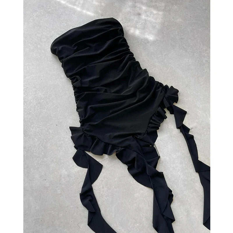 Robe Courte Femme Bustier Sexy Florale Plissée Ourlet Fendu Haut 2024 Unie Dos Nu Sans Manches Noire Et Rose Robe de Soirée Vestidos