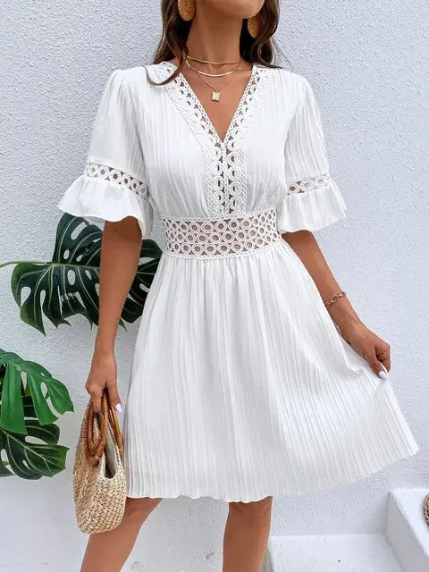Women's Solid Dress 2026 New Summer Temperament Fashion Hollow Out V-neck Flared Sleeves Casual Women's Dress White Beach Dress