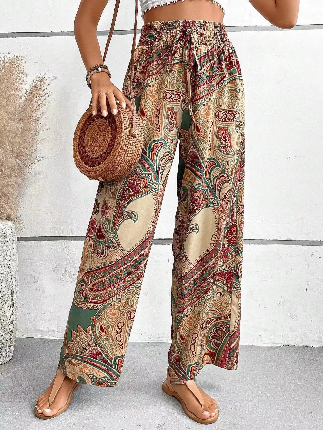 Fashion Vintage Print Wide-leg Pants Women Casual High-waisted Trouser 2026 Spring Summer Office Lady Clothes Streetwear