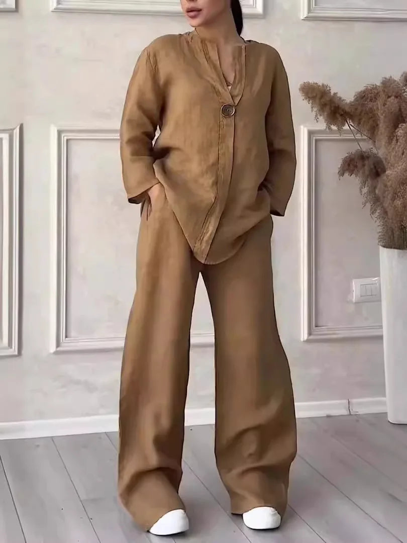 Cotton Linen Sets Two 2 Pieces Sale Casual Long Sleeve Button Loose Blouse Shirt&High Elastic Wide Leg Loose Pant Suits