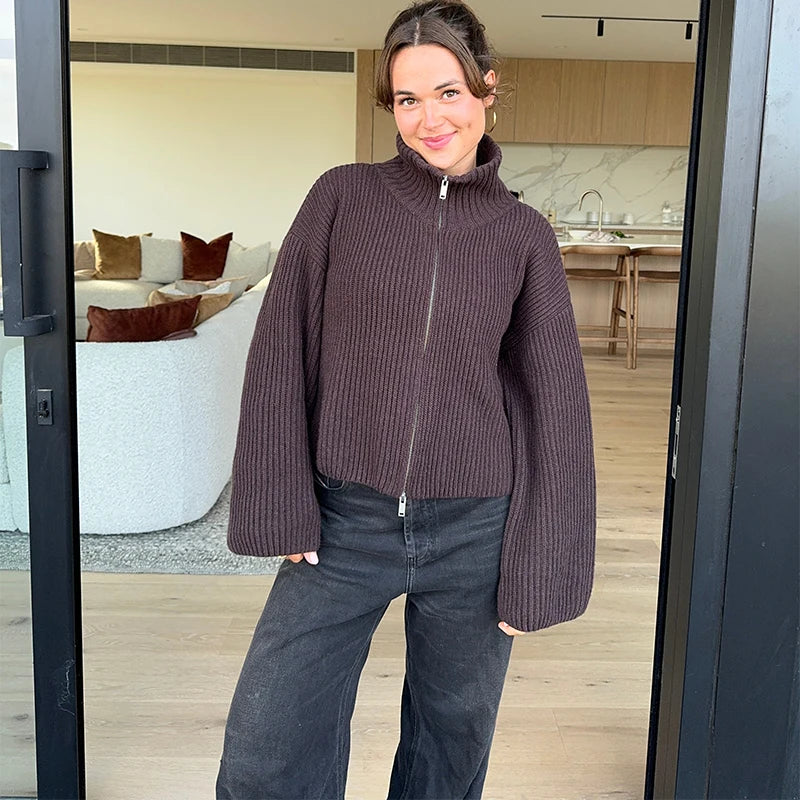 Casual Turtleneck Knitted Ribbed Women Sweater Loose Full Sleeve Zippers Cardigan 2026 Spring Fashion Lady Minimalist Outerwear