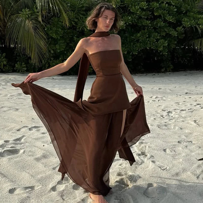 Tornova 2025 Nouvelle robe bustier avec ruban élégante sans manches en maille pour femme, longue robe de plage pour les vacances, mode printemps femme