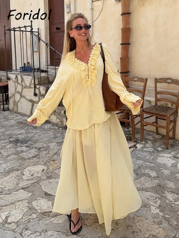 Ensemble assorti blouse jaune et jupe pour femmes, deux pièces décontractées amples, nouvelle collection printemps été 2025, ensemble robe couleur unie