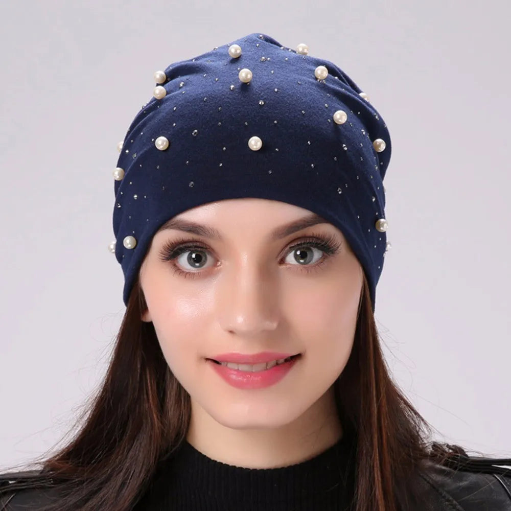 Women's Cotton Beanie – Pearls & Rhinestones, Soft, Casual Chic Spring-Autumn