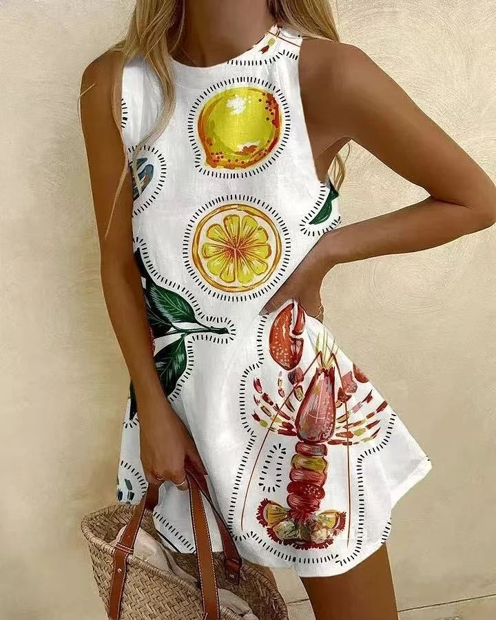 Women's Short Printed Dress – Round Neck, Sleeveless, Loose Casual Fit