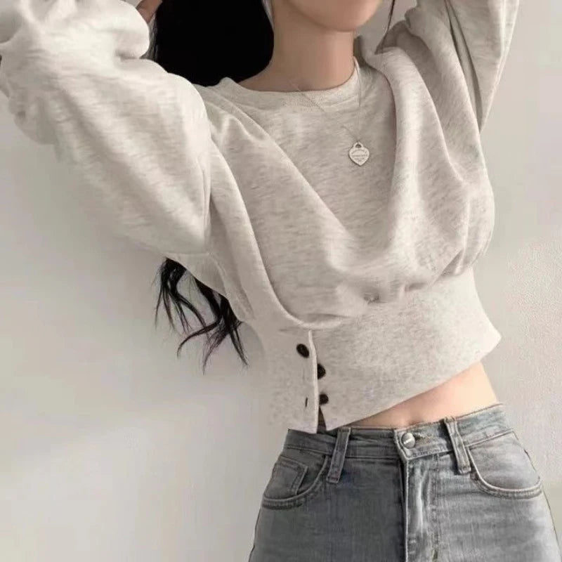 Women's Crop Top with Round Neck and Lantern Sleeves – Korean Streetwear Style