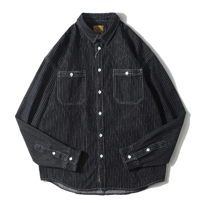 Retro Striped Loose Fit Long Sleeve Collared Men's Denim Shirt Spring Fashion Workwear Jacket Youthful Wear Resistant Chinese...