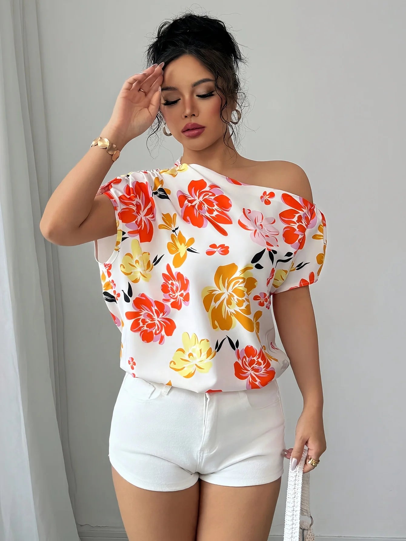 Fashionable Elegant Shoulder Design Floral Print Gentle Versatile Women's Top Stylish Trendy Ladies' Shirt