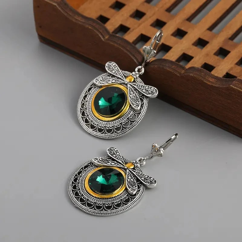 Ethnic Retro Green Crystal Dragonfly Earrings, Women's Creative Unique Party Vacation Jewelry Accessories
