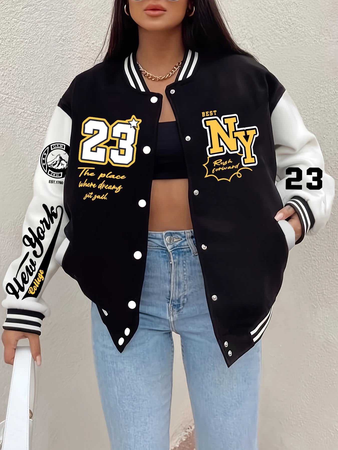 New York Art Letter 23 Printed Plus Size Women Jacket Harajuku Fleece Baseball Jersey Button Streetwear Vintage Loose Clothing