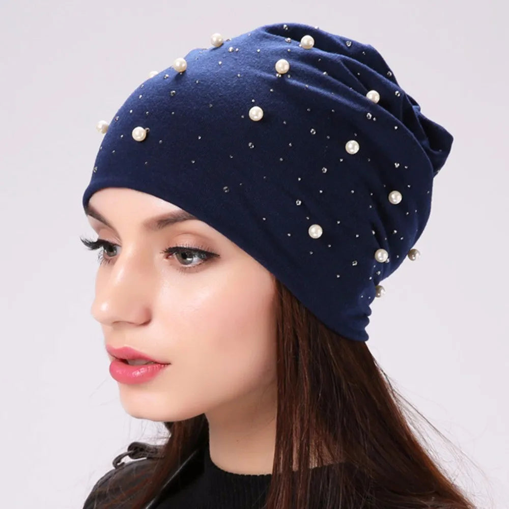 Women's Cotton Beanie – Pearls & Rhinestones, Soft, Casual Chic Spring-Autumn
