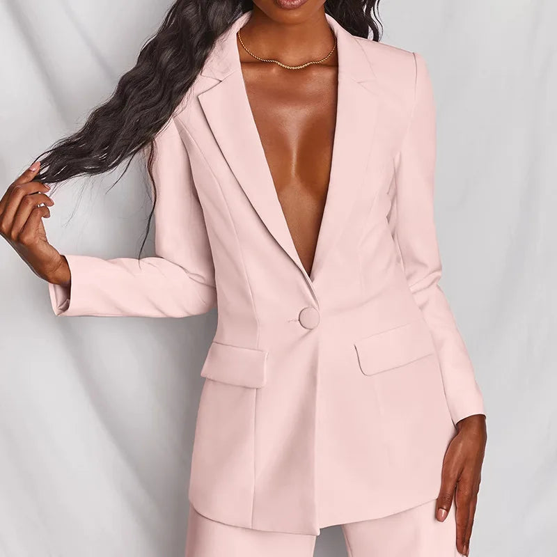 BAMBOOBOY Elegant Solid Long Sleeve Blazer Suit and Pants Two 2 Piece Set for Women Spring Autumn Classic OL Street Outfit