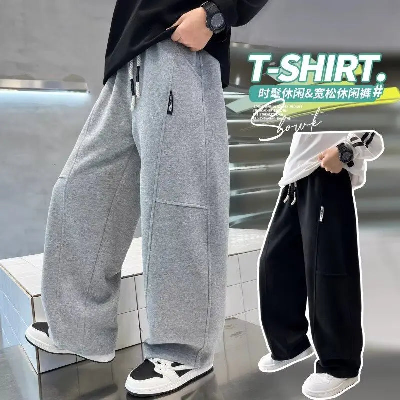 Spring 5-14Y Kids Wide Leg Sweatpants Teenage Boys Sports Pants Streetwear Fashion Loose Trousers Children Elastic Waist Pants