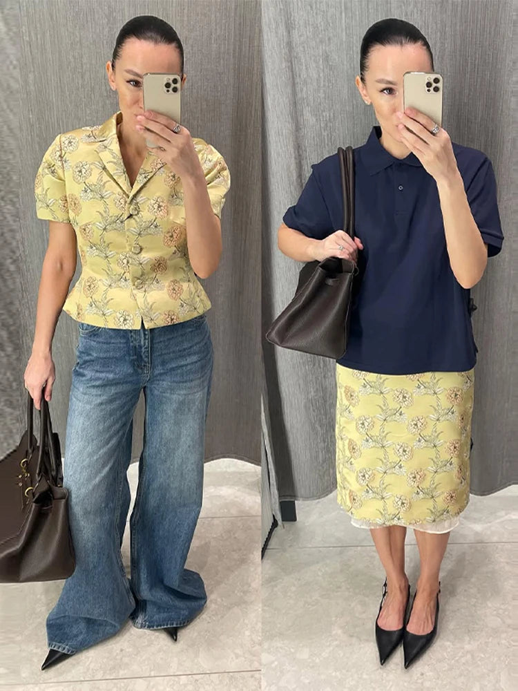 Elegant Floral Jacquard Jacket Skirt Set Women Slim Full Sleeve Print Lapel Button Jackets Long High Waist Skirts Fashion Suit