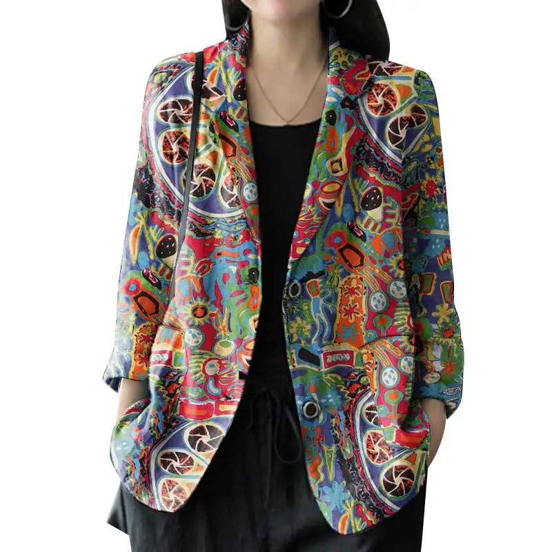Women's Vintage Printed Blazer – Long Sleeves, Cotton, Autumn/Winter