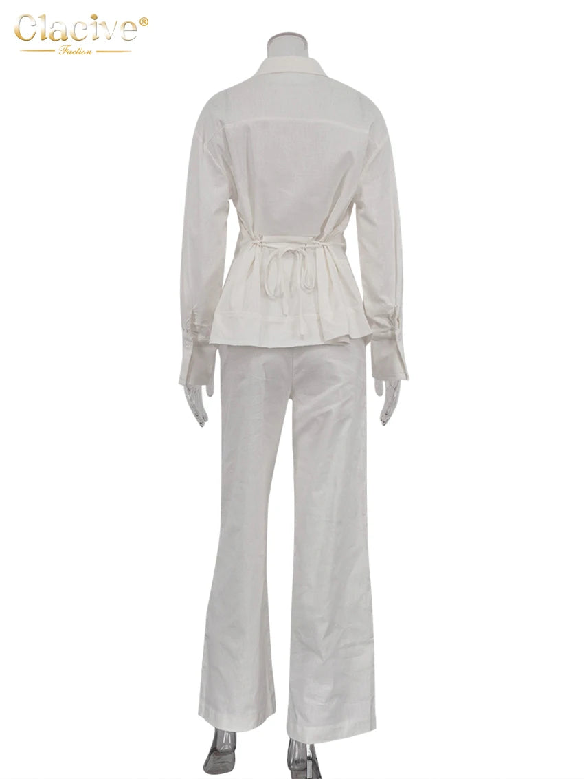 Clacive Fashion Loose White Linen Women's Two Pieces Set 2026 Elegant Long Sleeve Shirt With Mid Waist Wide Pants Set Streetwear