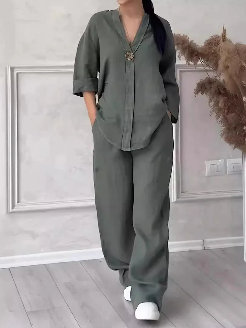 Cotton Linen Sets Two 2 Pieces Sale Casual Long Sleeve Button Loose Blouse Shirt&High Elastic Wide Leg Loose Pant Suits