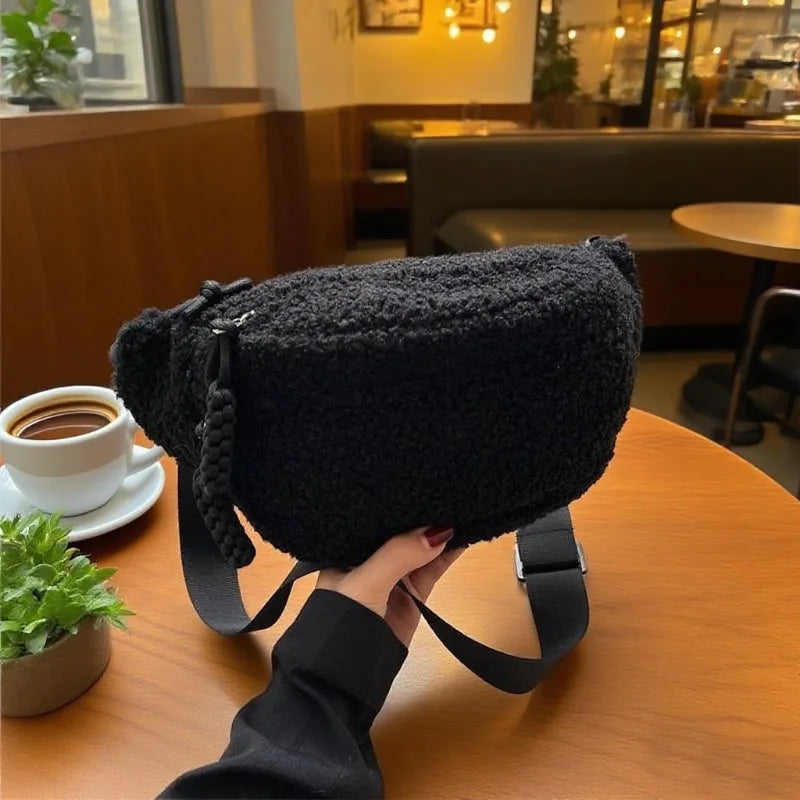 Women's Casual Solid Color Plush Material Chest Bag, Fashionable Daily Commuting Waist Bag, Plush Crossbody Shoulder Bag