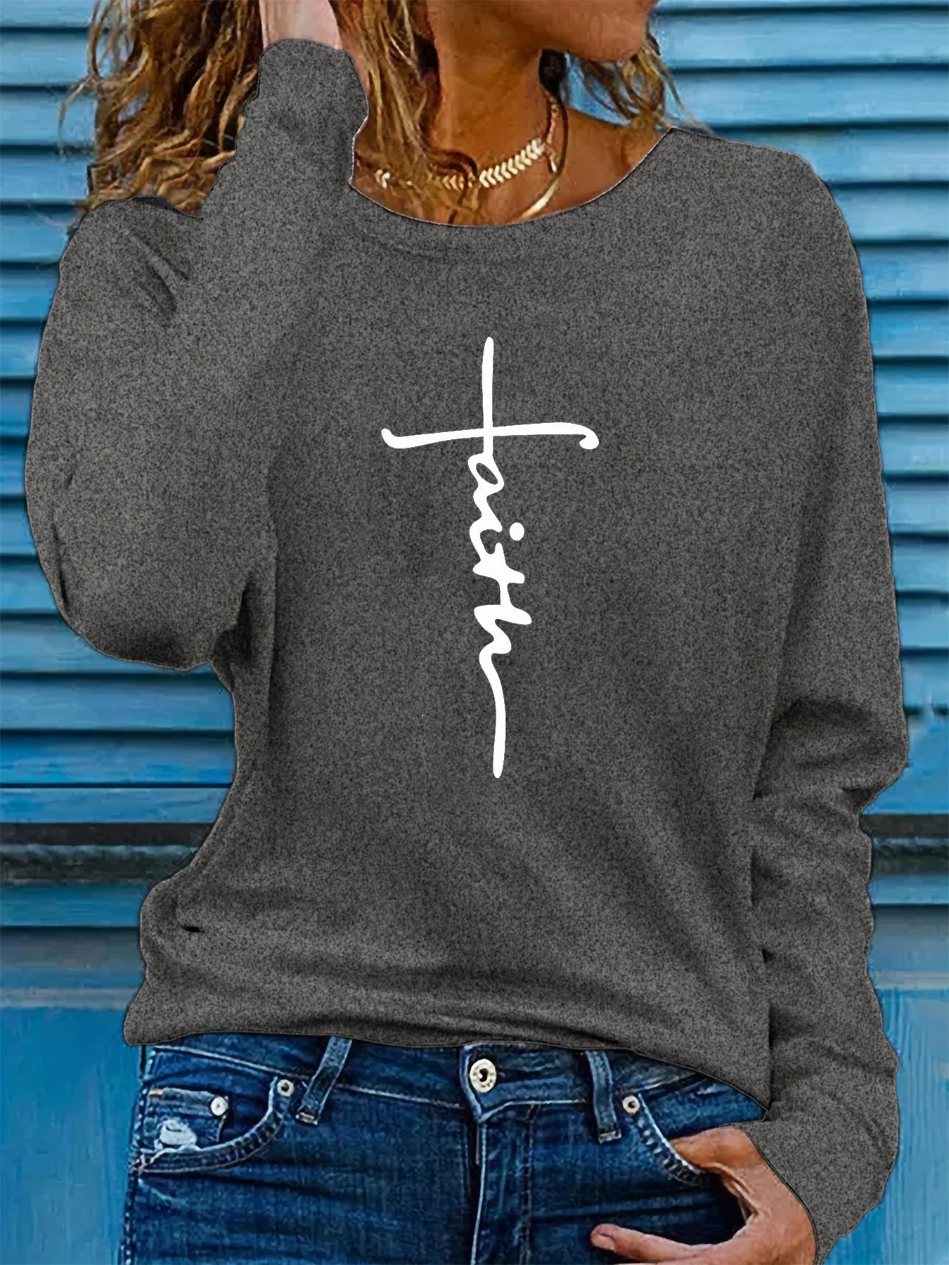 100% pure cotton women's spring and autumn loose comfortable faith cross graphic printed long sleeved round neck T-shirt